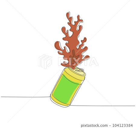 Continuous one line drawing cola splashing out of a aluminum can. Soda water splashing out of canned, fresh liquid or soda splash with fresh water drop. Single line draw design vector illustration 104123384