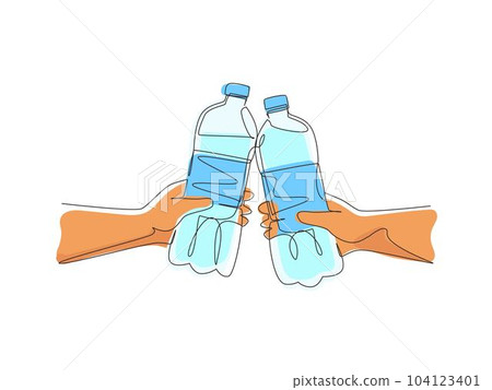 Continuous one line drawing Cheers. Healthy couple cheering with fresh water bottle after successful workout training at outdoor park in evening summer. Single line draw design vector illustration 104123401