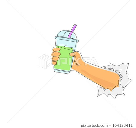 Continuous one line drawing hand holding plastic cup of famous Taiwanese bubble tea through torn white paper. Take away glass with pearl milk tea. Single line draw design vector graphic illustration 104123411