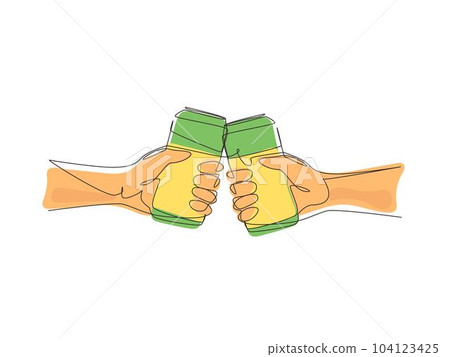 Single continuous line drawing couple is toasting with aluminum can and drink soda. Close-up cropped view of two human hands holding can and toast. One line draw graphic design vector illustration 104123425