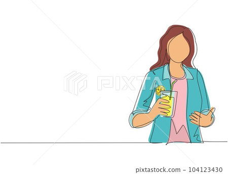 Single one line drawing happy woman showing summer refreshing fruit flavored infused water with fresh organic lemon, lime, mint at glass. Relax time. Continuous line draw design vector illustration Single one line drawing happy woman showing summer refreshing fruit flavored infused water with fresh organic lemon, lime, mint at glass. Relax time. Continuous line draw design vector illustration 104123430