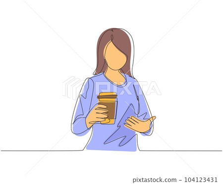 Single continuous line drawing beautiful young woman holding and showing paper cup of hot coffee on street city. Enjoys leisure time, dressed in stylish clothes. One line draw graphic design vector Single continuous line drawing beautiful young woman holding and showing paper cup of hot coffee on street city. Enjoys leisure time, dressed in stylish clothes. One line draw graphic design vector 104123431