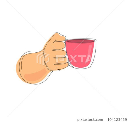 Single one line drawing hand holding hot coffee cup with steam, business person want to drink coffee. Hands worker want to drink coffee before work. Continuous line draw design vector illustration Single one line drawing hand holding hot coffee cup with steam, business person want to drink coffee. Hands worker want to drink coffee before work. Continuous line draw design vector illustration 104123439