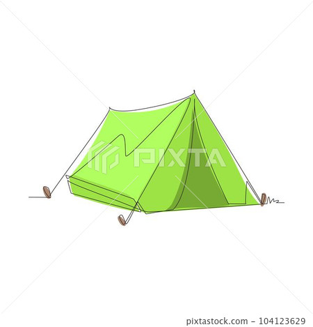 Single continuous line drawing tent camping in outdoor travel. Nature tourism, journey, adventure. Tent element concept. Camping travel tent equipment. One line draw graphic design vector illustration Single continuous line drawing tent camping in outdoor travel. Nature tourism, journey, adventure. Tent element concept. Camping travel tent equipment. One line draw graphic design vector illustration 104123629