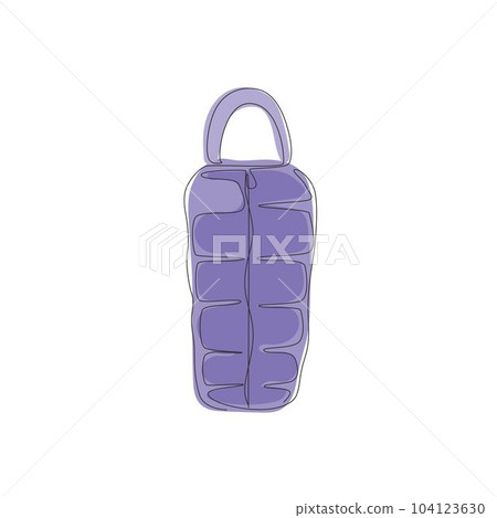 Single one line drawing sleeping bag spread out, ready to use. Packed in roll, compressed by bag. Camping equipment for sleep. Picnic, travel inventory. Continuous line draw design vector illustration 104123630