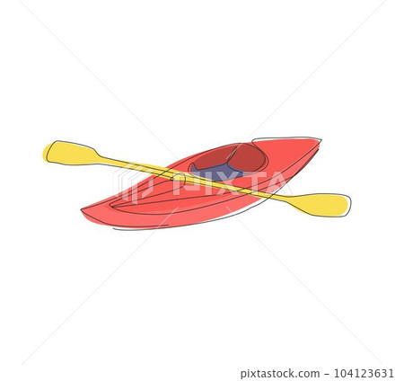 Single continuous line drawing canoe trails and rafting club with kayaking equipment. Vintage mountain, rafting, kayaking, paddling, canoeing camping. One line draw graphic design vector illustration 104123631