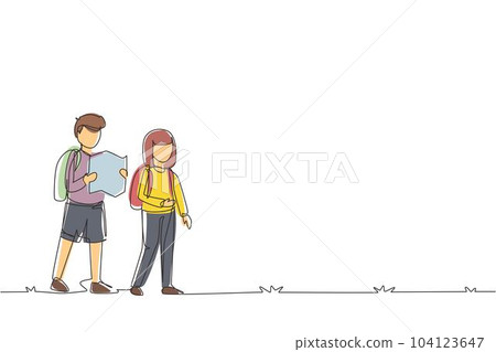 Single one line drawing little boy and girl goes camping in nature. Kids holding map, hiking, backpacks, maps, mats, compass. Family leisure concept. Modern continuous line draw design graphic vector Single one line drawing little boy and girl goes camping in nature. Kids holding map, hiking, backpacks, maps, mats, compass. Family leisure concept. Modern continuous line draw design graphic vector 104123647