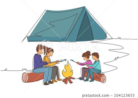 Single one line drawing happy family sit by campfire. Cheerful tourists, campers. Mom dad and kids roast marshmallows. Night camping adventure trip. Continuous line draw design vector illustration Single one line drawing happy family sit by campfire. Cheerful tourists, campers. Mom dad and kids roast marshmallows. Night camping adventure trip. Continuous line draw design vector illustration 104123655