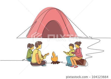 Single one line drawing camping family warm their bodies around campfire tents. Dad playing guitar, mom and kids sitting on ground and logs, sing song. Continuous line draw design vector illustration Single one line drawing camping family warm their bodies around campfire tents. Dad playing guitar, mom and kids sitting on ground and logs, sing song. Continuous line draw design vector illustration 104123664