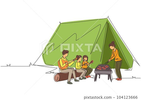 Single continuous line drawing happy family member are having barbecue in campsite. Father playing guitar, mother and kids preparing food for dinner at nature. One line draw design vector illustration 104123666