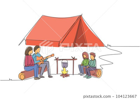 Single continuous line drawing happy family around campfire tent boil water in pot and sitting on logs. Dad playing guitar and sing song with mom and children. One line draw design vector illustration Single continuous line drawing happy family around campfire tent boil water in pot and sitting on logs. Dad playing guitar and sing song with mom and children. One line draw design vector illustration 104123667