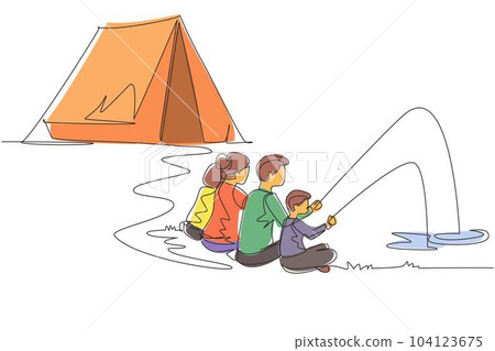 Continuous one line drawing happy family camping. Man, woman, children, family hikers fishing with fishing rod. Summer camper vacation near river in forest. Single line draw design vector illustration 104123675