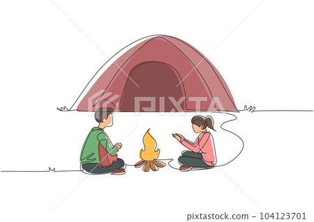 Single one line drawing couple camping around campfire tents. Man woman warm their hands near bonfire, man playing guitar. Nature exploration trip. Continuous line draw design vector illustration 104123701
