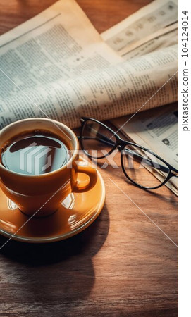 Close-Up of Glasses, Newspaper, and Cup of Coffee. Generative ai 104124014