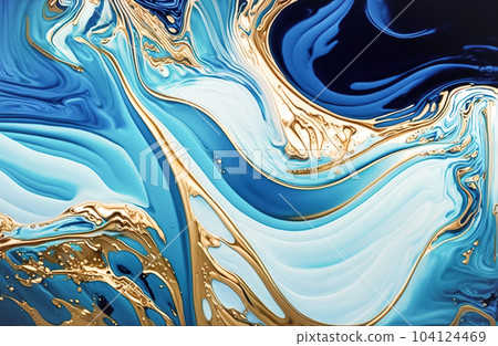 Fluid Art Gold blue liquid acrylic, acrylic paint mixing. Splashes of bright paint on canvas. Fashion liquid art 104124469