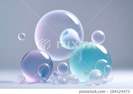 Transparent bubbles drops of gel, serum, collagen, oil, close-up, macro. Abstract neon purple background with bubbles Transparent bubbles drops of gel, serum, collagen, oil, close-up, macro. Abstract neon purple background with bubbles 104124473