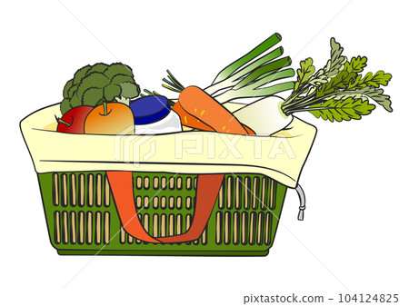 Illustration of a shopping basket covered with an eco bag filled with fruits and vegetables 104124825