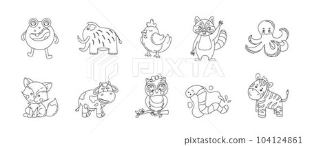 Animals Cute Funny Set of Drawings Vector black and white illustration Isolated on a white background Animals Cute Funny Set of Drawings Vector black and white illustration Isolated on a white background 104124861