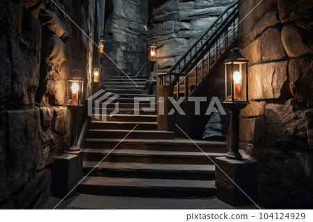 舊洞穴中黑暗的地下樓梯 舊洞穴中黑暗的地下樓梯 104124929