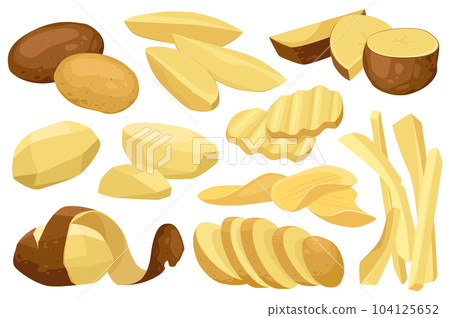 Realistic potato mega set graphic elements in flat design. Bundle of raw whole root crops and sliced pieces in different shapes for cooking, chips and fries. Illustration isolated objects 104125652