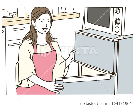 A young woman in an apron opening the fridge 104125964