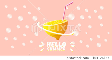 Vector Hello Summer Beach Party horizontal banner Design template with fresh lemon isolated on pink background. Hello summer concept label, flyer and poster with lemon fruit and typographic text. Vector Hello Summer Beach Party horizontal banner Design template with fresh lemon isolated on pink background. Hello summer concept label, flyer and poster with lemon fruit and typographic text. 104126153