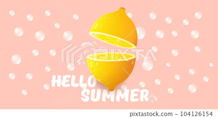 Vector Hello Summer Beach Party horizontal banner Design template with fresh lemon isolated on pink background. Hello summer concept label, flyer and poster with lemon fruit and typographic text. 104126154