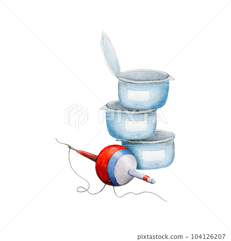 Watercolor drawing set of fishing gear: bobbler with fishing line and cans of bait, red, blue, white and black. Angling equipment for logo, stickers, cards, banner, poster, textile, printing, wrapping Watercolor drawing set of fishing gear: bobbler with fishing line and cans of bait, red, blue, white and black. Angling equipment for logo, stickers, cards, banner, poster, textile, printing, wrapping 104126207