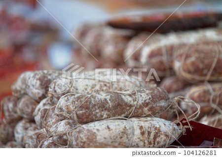 Stack of salamis Stack of salamis 104126281