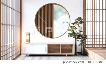 Japandi style living empty room with decorated minimalist and tv cabinet. Japandi style living empty room with decorated minimalist and tv cabinet. 104126388