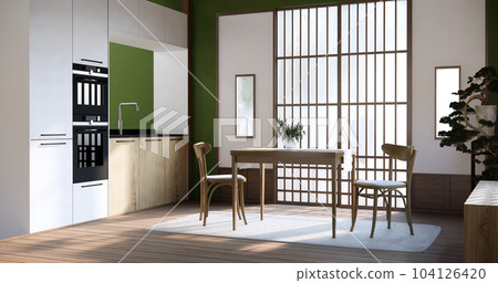 Japanese room dining table on wood floor. Japanese room dining table on wood floor. 104126420