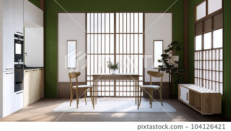 Japanese room dining table on wood floor. Japanese room dining table on wood floor. 104126421