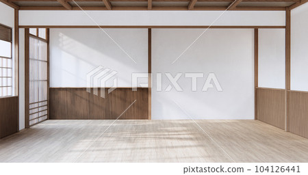 Japan style empty room decorated with white wall and wood slat wall 104126441