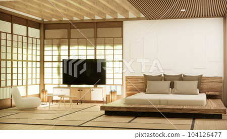Japan style empty room decorated with wooden bed, white wall and wooden wall. Japan style empty room decorated with wooden bed, white wall and wooden wall. 104126477