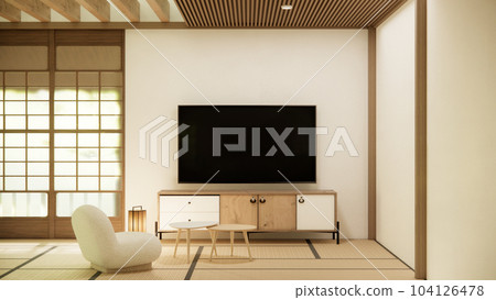 Modern japan style and decorated with tv cabinet on wall. Modern japan style and decorated with tv cabinet on wall. 104126478