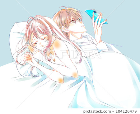 一個為與伴侶、一張床、一部智能手機的距離而感到悲傷的女人 一個為與伴侶、一張床、一部智能手機的距離而感到悲傷的女人 104126479