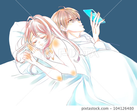 A woman who is sad about the distance from her partner, a bed, a smartphone A woman who is sad about the distance from her partner, a bed, a smartphone 104126480