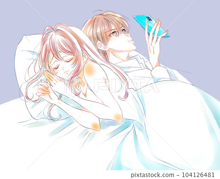 A woman who is sad about the distance from her partner, a bed, a smartphone A woman who is sad about the distance from her partner, a bed, a smartphone 104126481