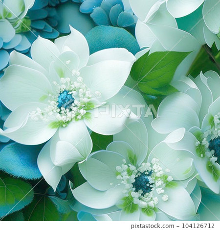 White and blue flowers with green stems and leaves. White and blue flowers with green stems and leaves. 104126712