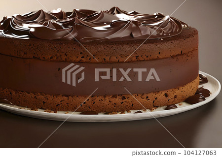 Chocolate cake on the plate side view with chocolate cream on top. 104127063