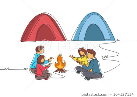Continuous one line drawing two couple camping around campfire tents. Group of hikers warm their hands near bonfire sitting on ground, man playing guitar. Single line draw design vector illustration Continuous one line drawing two couple camping around campfire tents. Group of hikers warm their hands near bonfire sitting on ground, man playing guitar. Single line draw design vector illustration 104127134