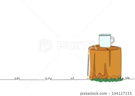 Single continuous line drawing white campfire enamel coffee mug mockup on log table in campsite or camping ground. Empty mug mock up for design promotion. One line draw design vector illustration Single continuous line drawing white campfire enamel coffee mug mockup on log table in campsite or camping ground. Empty mug mock up for design promotion. One line draw design vector illustration 104127155