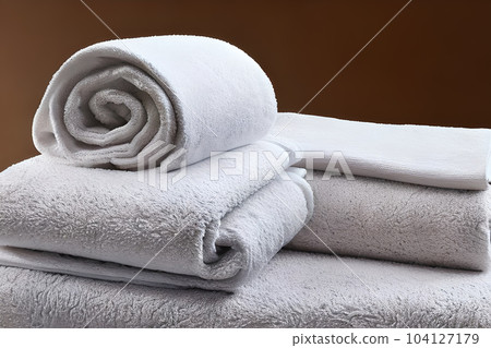 Clean white folded and roll towel nice and tidy stack each other at the table for fitness, bath, swimming, massage and spa marketing background and design material isolated on brown background. 104127179