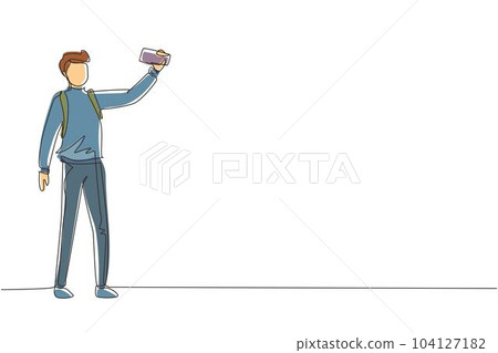 Single one line drawing man making selfie with smartphone. Travel male with backpack taking selfie. Tourism nature backpacking or trekking trip. Continuous line draw design graphic vector illustration 104127182