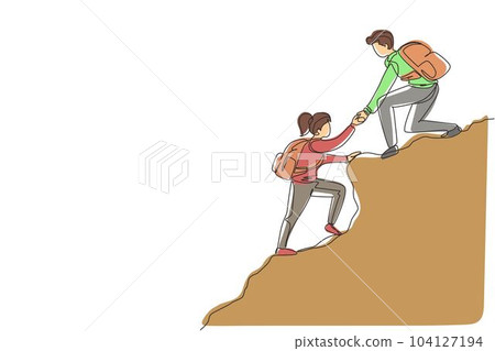 Continuous one line drawing group of people man woman helping each other hike up a mountain. Business, success, leadership, achievement and goal concept. Single line draw design vector illustration 104127194