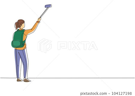 Single continuous line drawing young girl with backpack standing and taking selfie photo on her smart phone. Summer activity at nature. Travel blogger. One line draw graphic design vector illustration 104127198
