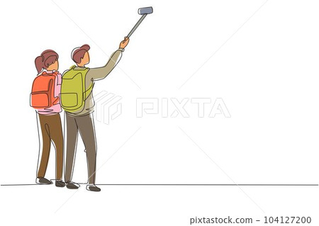 Continuous one line drawing couple man woman hikers with backpacks takes selfie in mountains while recording video using his smartphone. Travel blogger. Single line draw design vector illustration Continuous one line drawing couple man woman hikers with backpacks takes selfie in mountains while recording video using his smartphone. Travel blogger. Single line draw design vector illustration 104127200