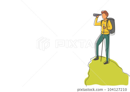 Single one line drawing man trekking on mountain. Young male traveling in mountains, standing on top, looking in binoculars. Tourist outdoor. Continuous line draw design graphic vector illustration 104127210