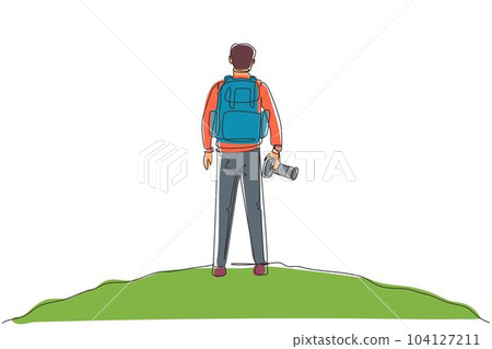 Single continuous line drawing back view man holding camera standing on cliff of mountain in forest landscape view with sunset. Young tourist photographer. One line draw design vector illustration 104127211