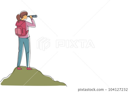 Single one line drawing girl trekking on mountain. Young woman traveling in mountains, standing on top, looking in binoculars. Tourist outdoor scene. Continuous line draw design vector illustration 104127232